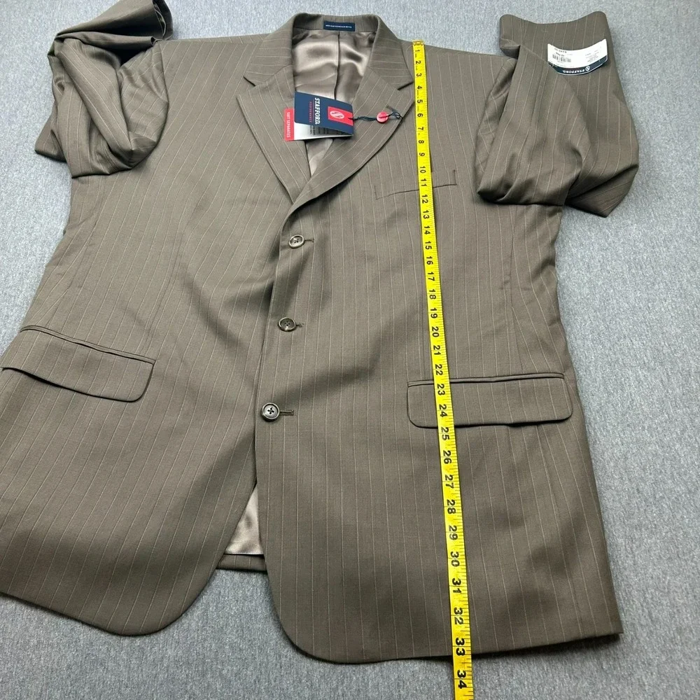 Stafford Performance Classic Fit Worsted‎ Wool Blazer Mens 48R Taupe Striped NEW